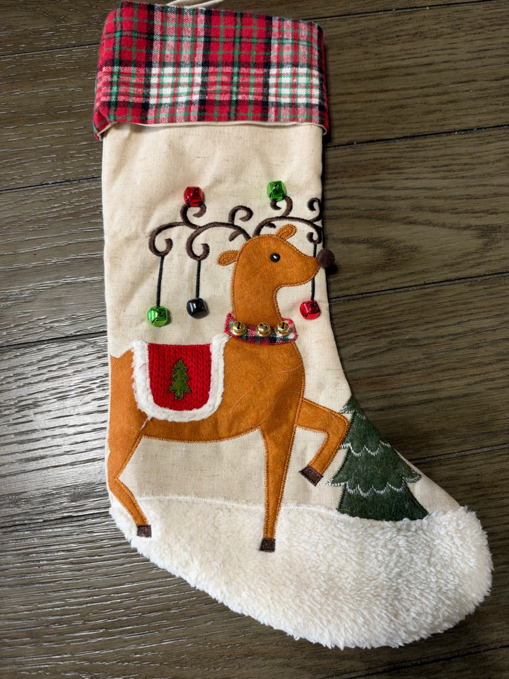 Reindeer Christmas Stocking in Cream & Red
